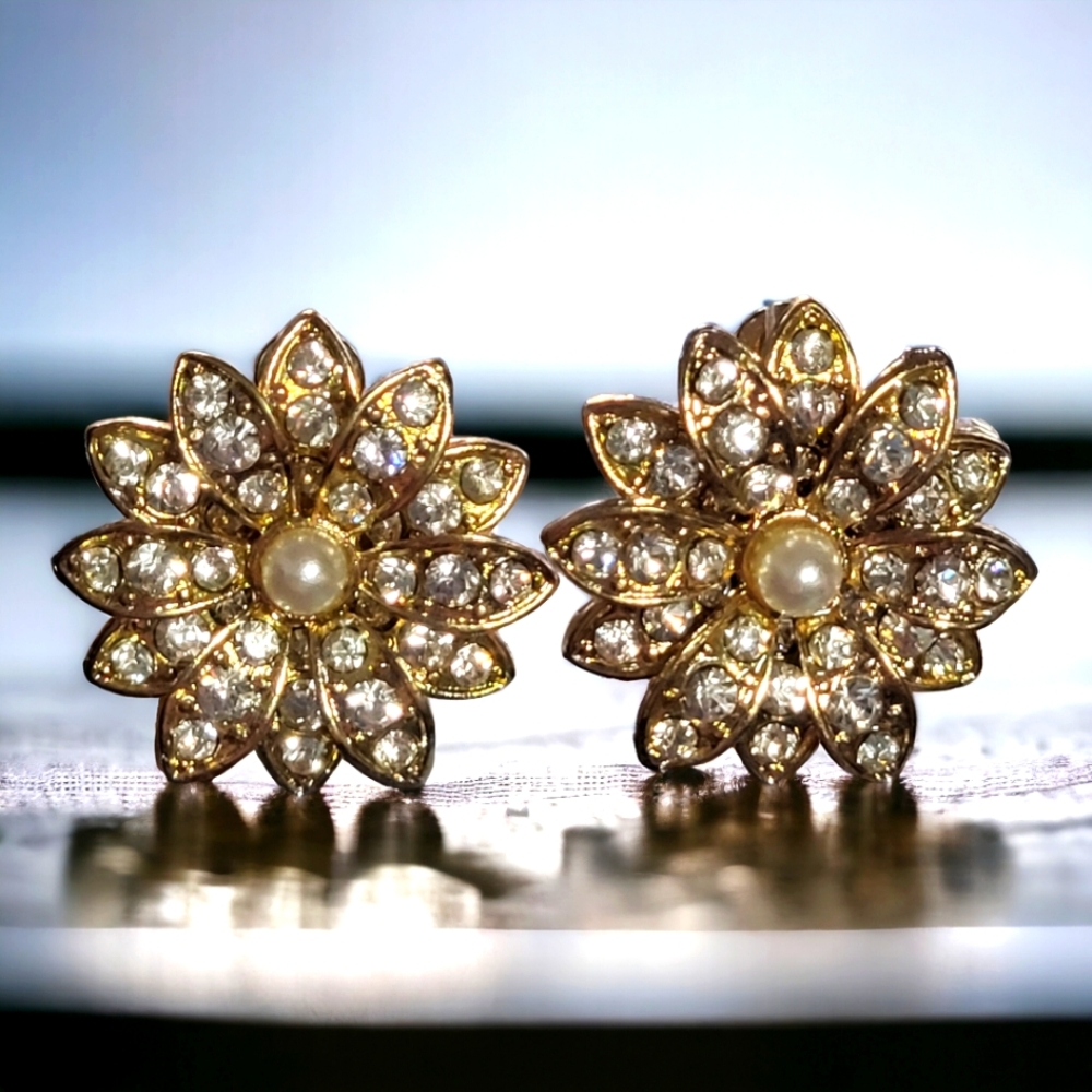 Vintage Rhinestone and Faux Pearl Stud Earrings